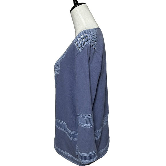 Chicos Top Womens Large 2 Blue Crochet Tasseled Peasant Flowy Beachy Boho - Picture 6 of 10